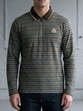 Moncler Striped Quarter Zip Polo Shirt Long Sleeve Slim Fit Men's Medium